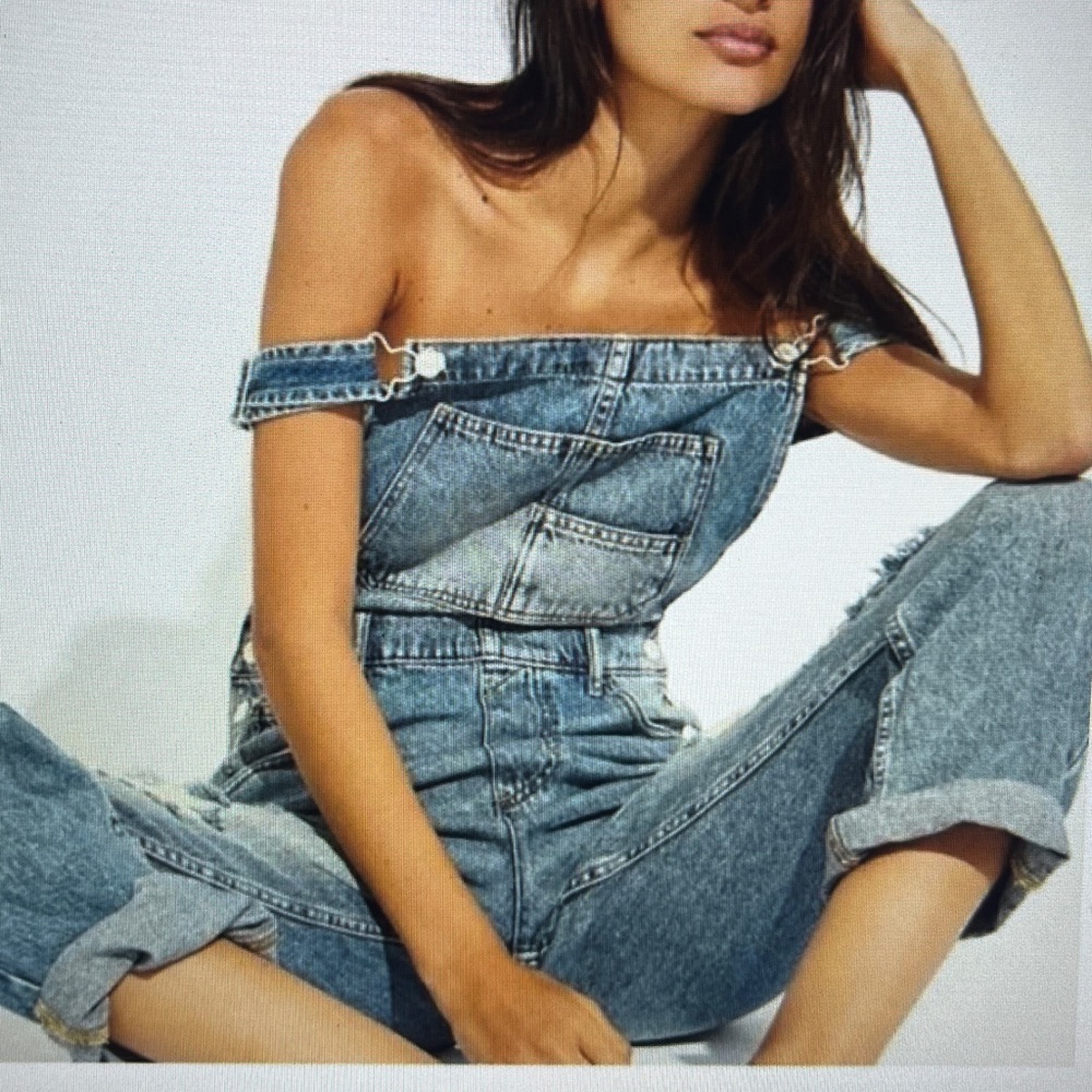 We The Free Off-Shoulder Denim Jumpsuit in Light Blue